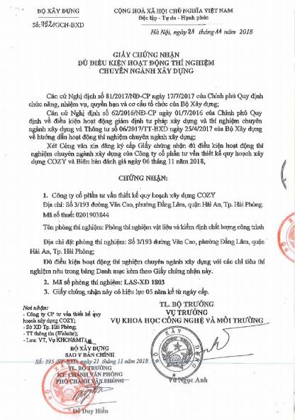 Giấy chứng nhận đủ điều kiện hoạt động thi nghiệm chuyên ngà...