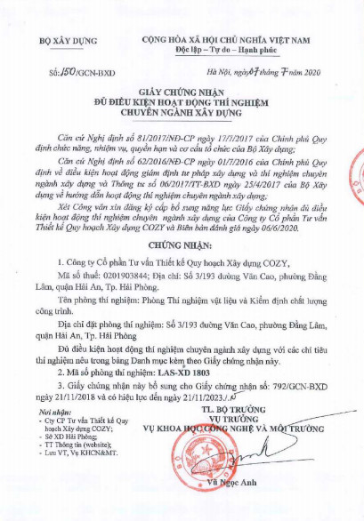 Giấy chứng nhận đủ điều kiện hoạt động thi nghiệm chuyên ngà...
